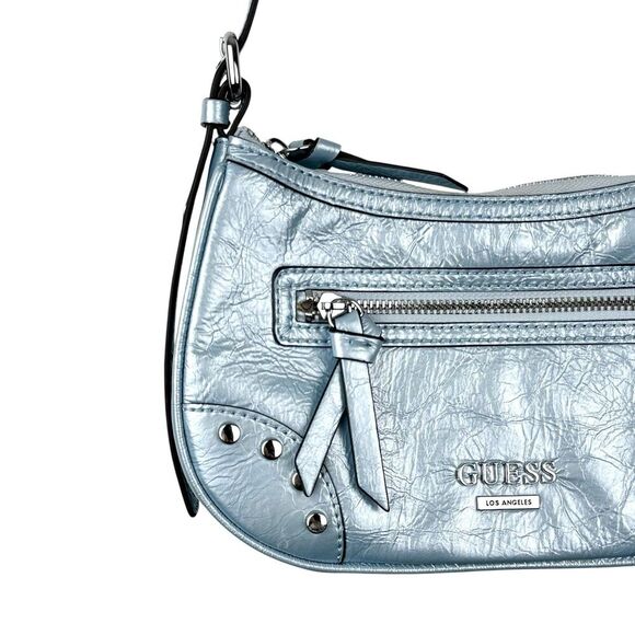 Guess Y2K Chanera Mini Shoulder Bag Blue Metallic Baguette Logo Vegan Studded - Picture 5 of 16